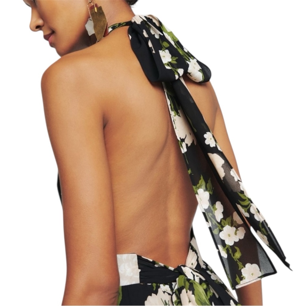 Reformation Andee Floral Halter Maxi Dress in Raven Open Back Slit Size 2 NWT - Picture 4 of 15